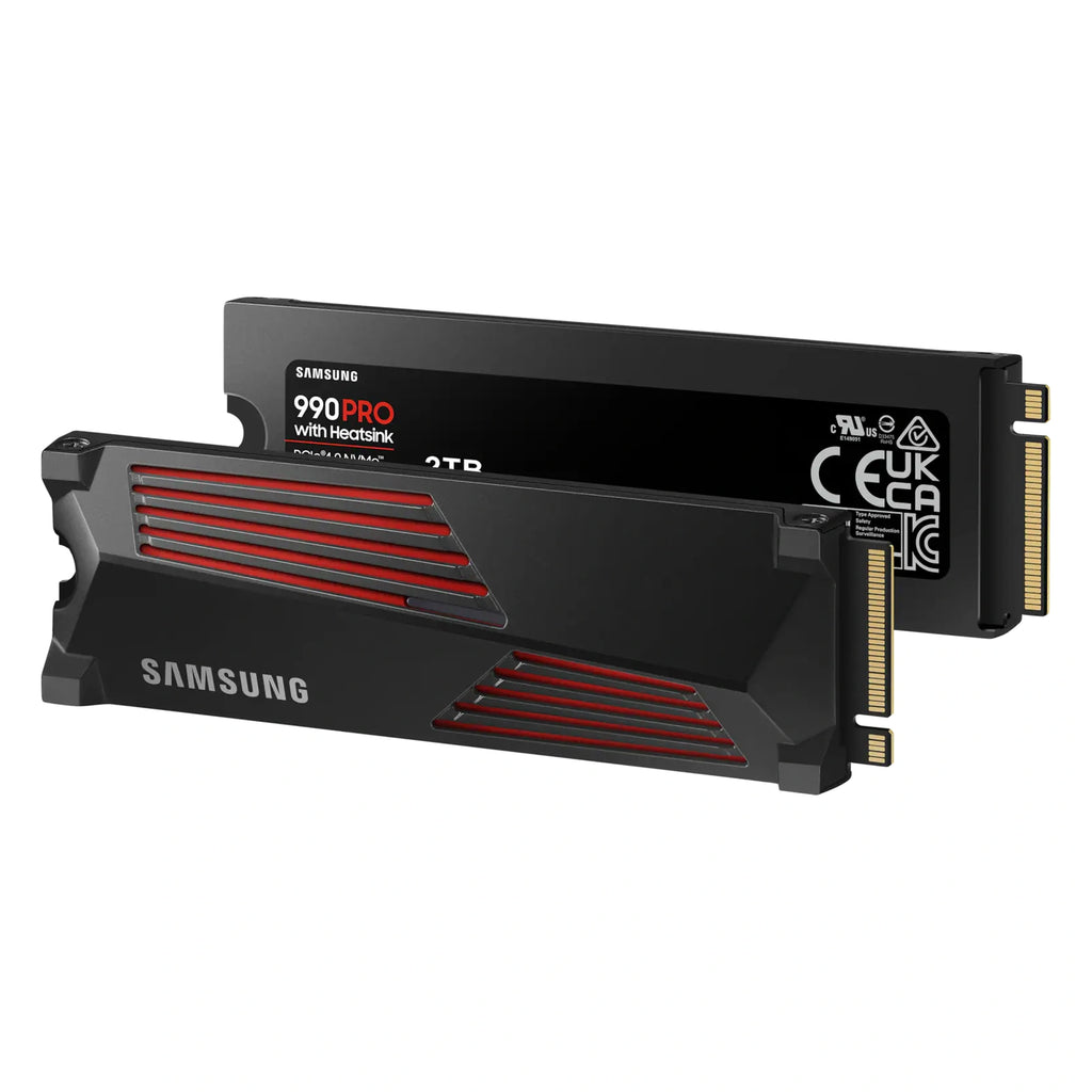 Samsung 990 PRO 2 To avec dissipateur — double vue du SSD avec dissipateur du SSD M.2 NVMe PCIe 4.0 x4 sur fond blanc carré — réf. MZ-V9P2T0GW