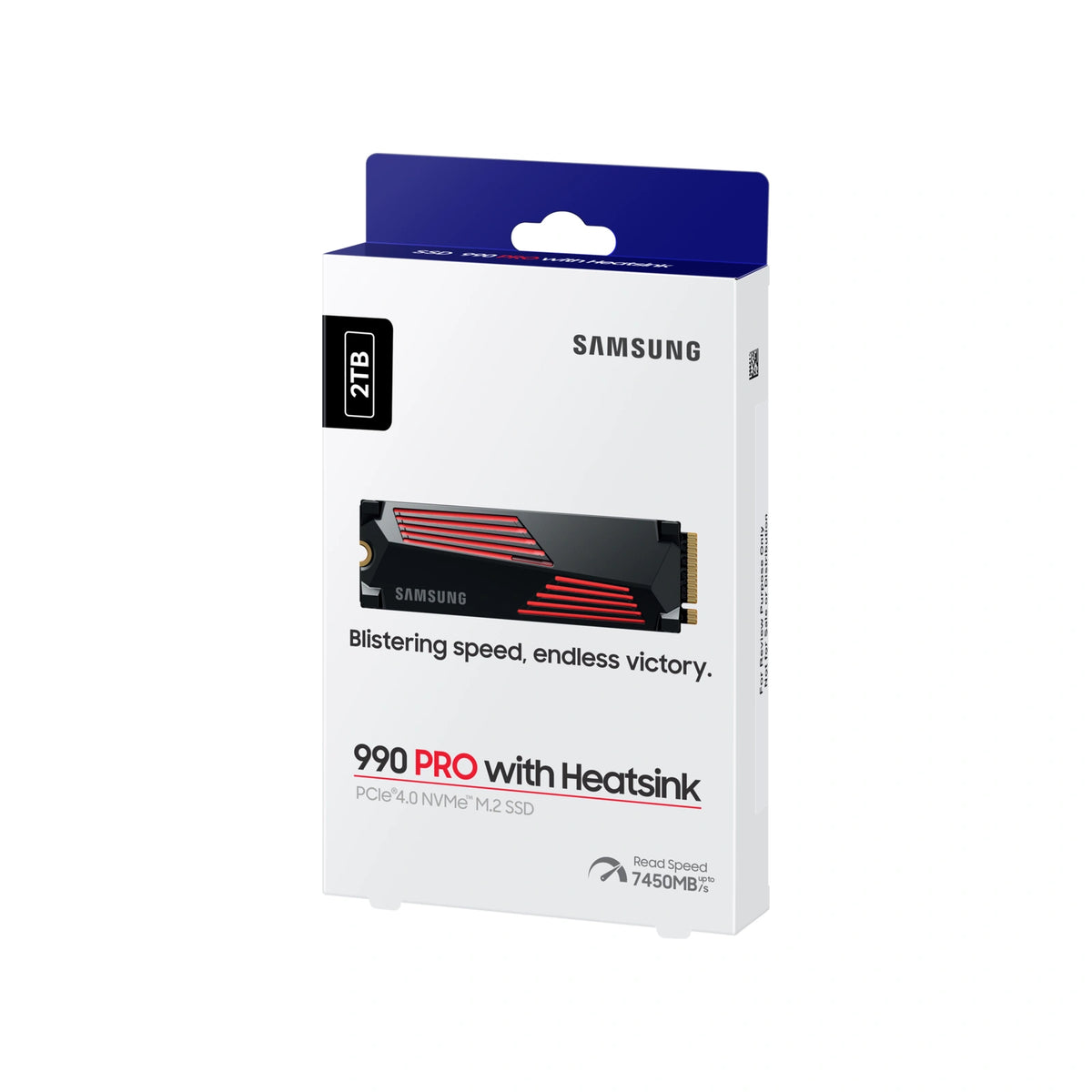 Samsung 990 PRO 2 To avec dissipateur — emballage en perspective du SSD M.2 NVMe PCIe 4.0 x4 sur fond blanc carré — réf. MZ-V9P2T0GW