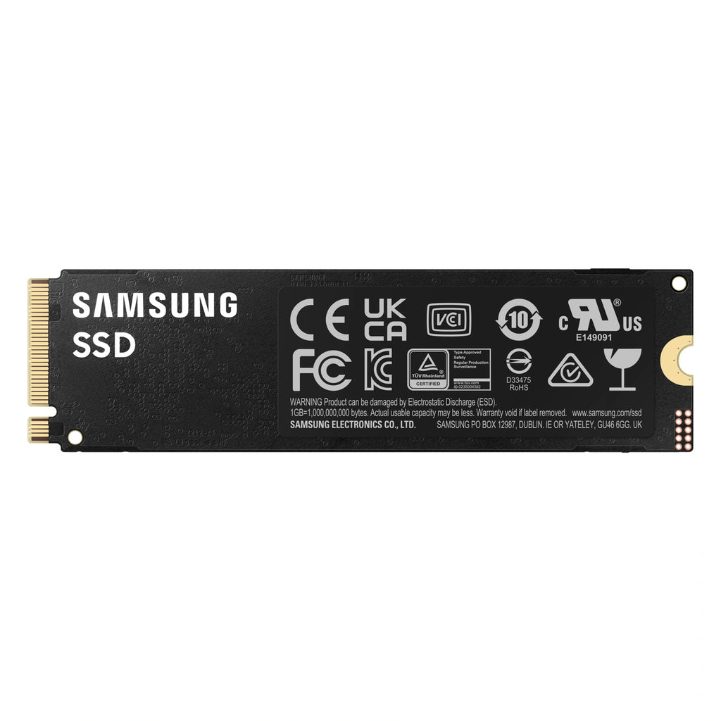 Samsung 990 PRO 2 To — vue arrière du SSD M.2 NVMe PCIe 4.0 x4 sur fond blanc carré — réf. MZ-V9P2T0BW
