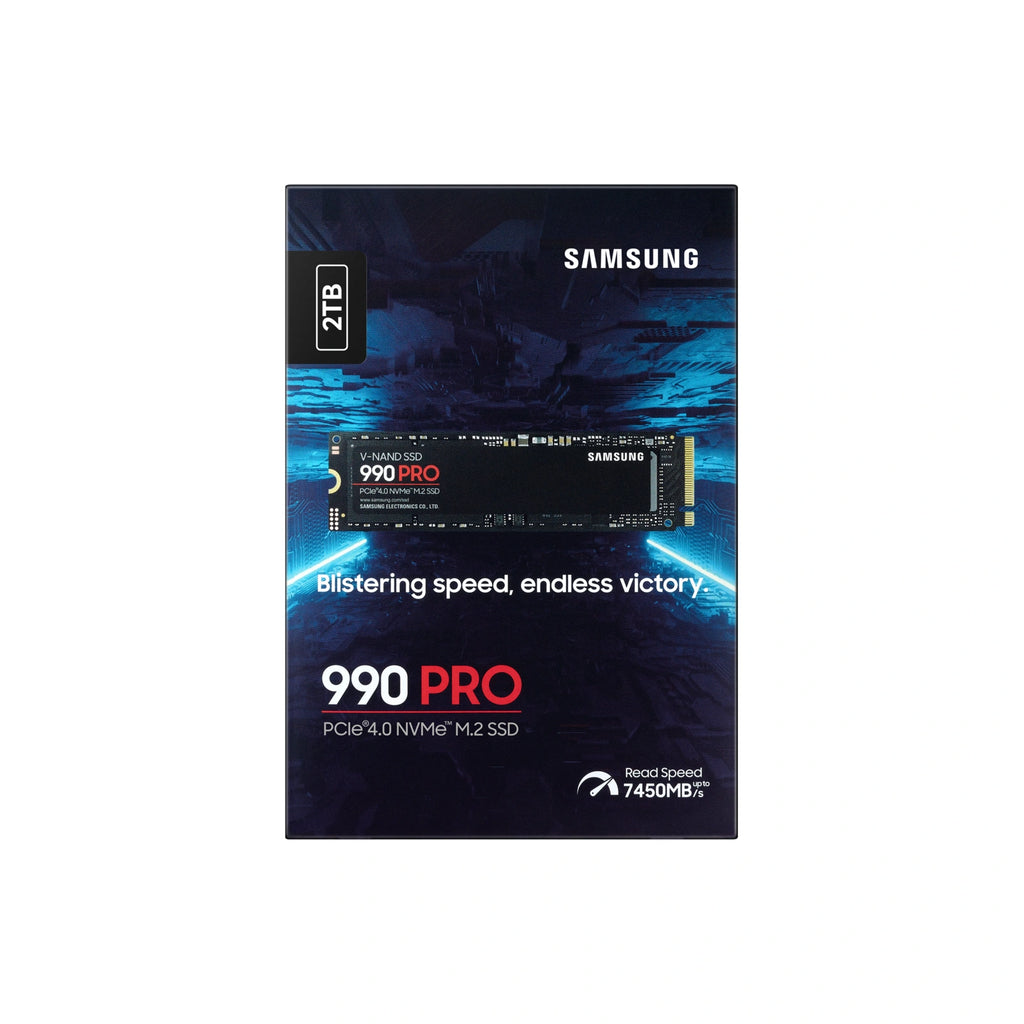 Samsung 990 PRO 2 To — face de l’emballage du SSD M.2 NVMe PCIe 4.0 x4 sur fond blanc carré — réf. MZ-V9P2T0BW