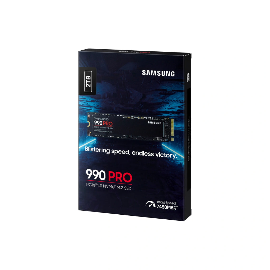 Samsung 990 PRO 2 To — emballage en perspective du SSD M.2 NVMe PCIe 4.0 x4 sur fond blanc carré — réf. MZ-V9P2T0BW