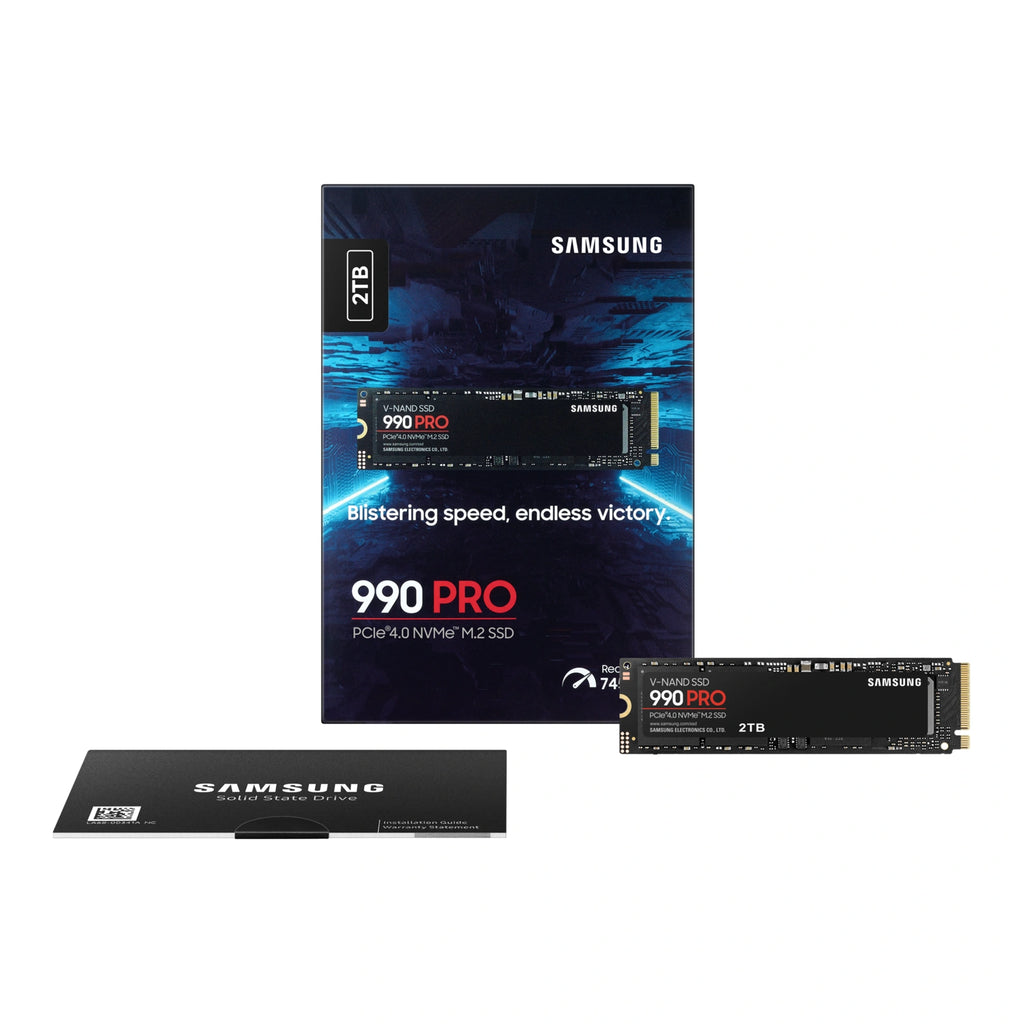 Samsung 990 PRO 2 To — contenu de la boîte du SSD M.2 NVMe PCIe 4.0 x4 sur fond blanc carré — réf. MZ-V9P2T0BW