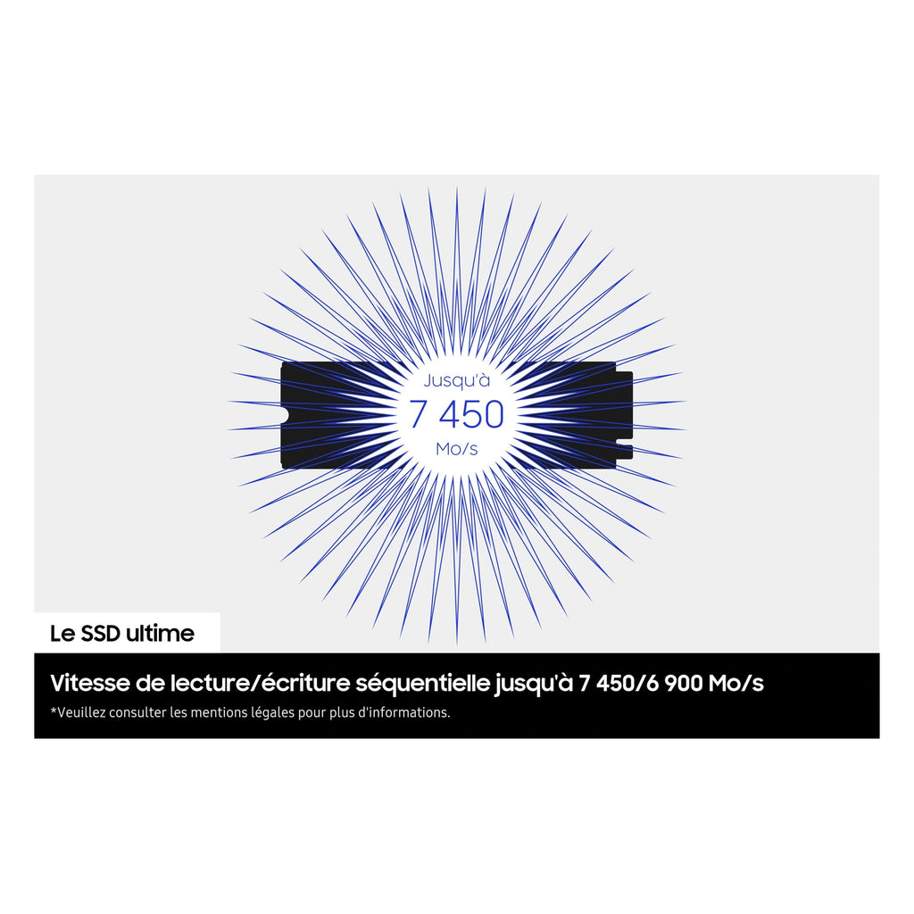 Samsung 990 PRO 2 To — performances séquentielles du SSD M.2 NVMe PCIe 4.0 x4 sur fond blanc carré — réf. MZ-V9P2T0BW