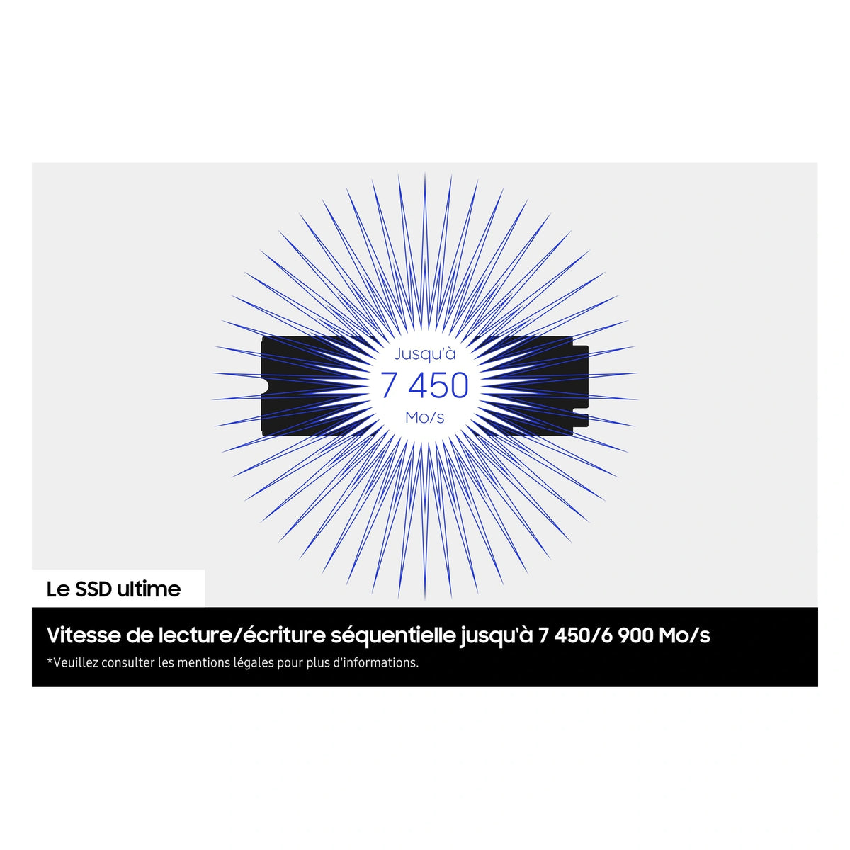 Samsung 990 PRO 2 To — performances séquentielles du SSD M.2 NVMe PCIe 4.0 x4 sur fond blanc carré — réf. MZ-V9P2T0BW