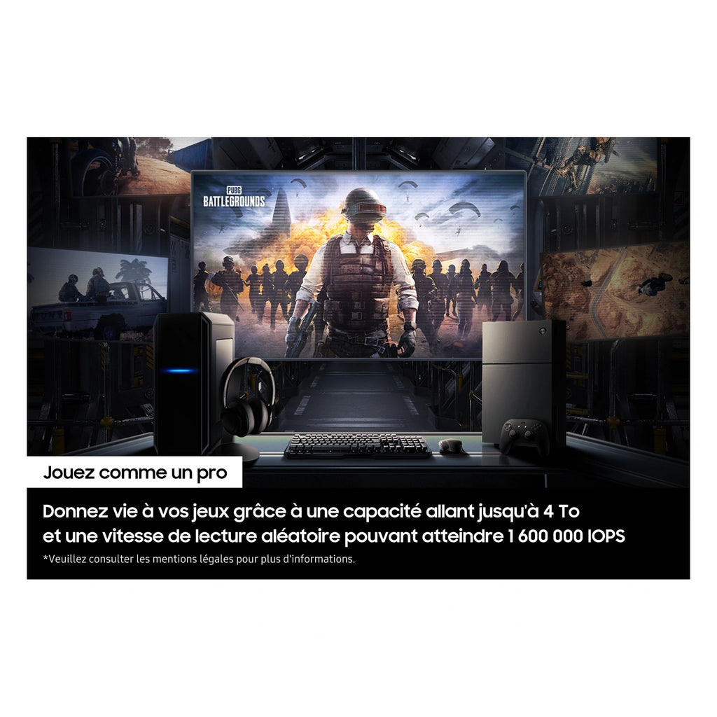 Samsung 990 PRO 2 To — gaming hautes performances du SSD M.2 NVMe PCIe 4.0 x4 sur fond blanc carré — réf. MZ-V9P2T0BW