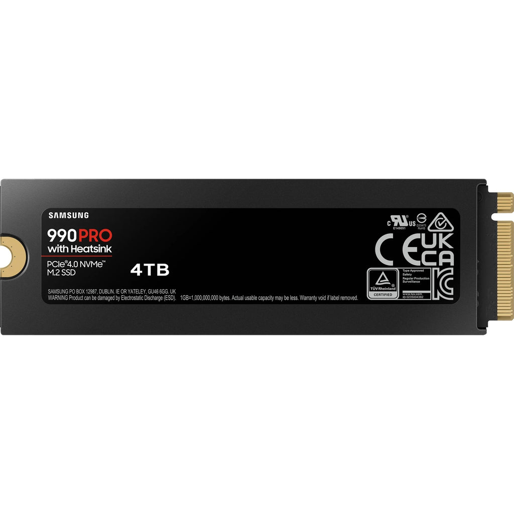 Samsung 990 PRO 4 To avec dissipateur — vue arrière du SSD M.2 NVMe PCIe 4.0 x4 sur fond blanc carré — réf. MZ-V9P4T0CW