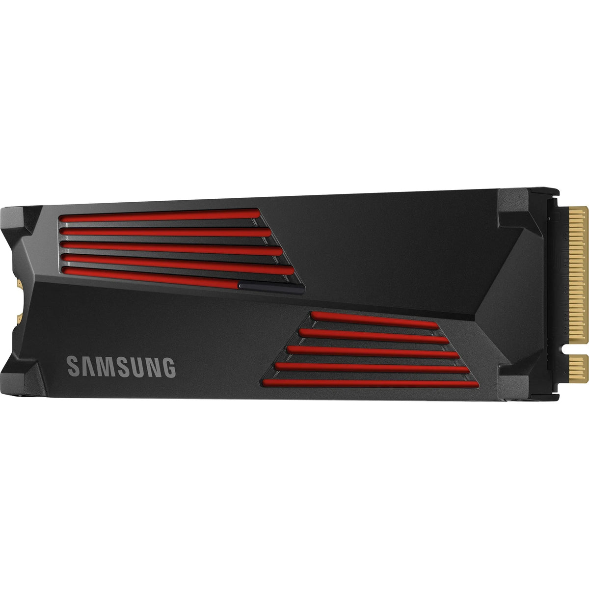 Samsung 990 PRO 4 To avec dissipateur — vue en perspective droite du SSD M.2 NVMe PCIe 4.0 x4 sur fond blanc carré — réf. MZ-V9P4T0CW