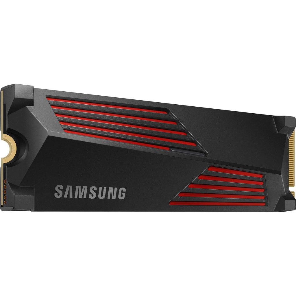 Samsung 990 PRO 4 To avec dissipateur — vue en perspective gauche du SSD M.2 NVMe PCIe 4.0 x4 sur fond blanc carré — réf. MZ-V9P4T0CW