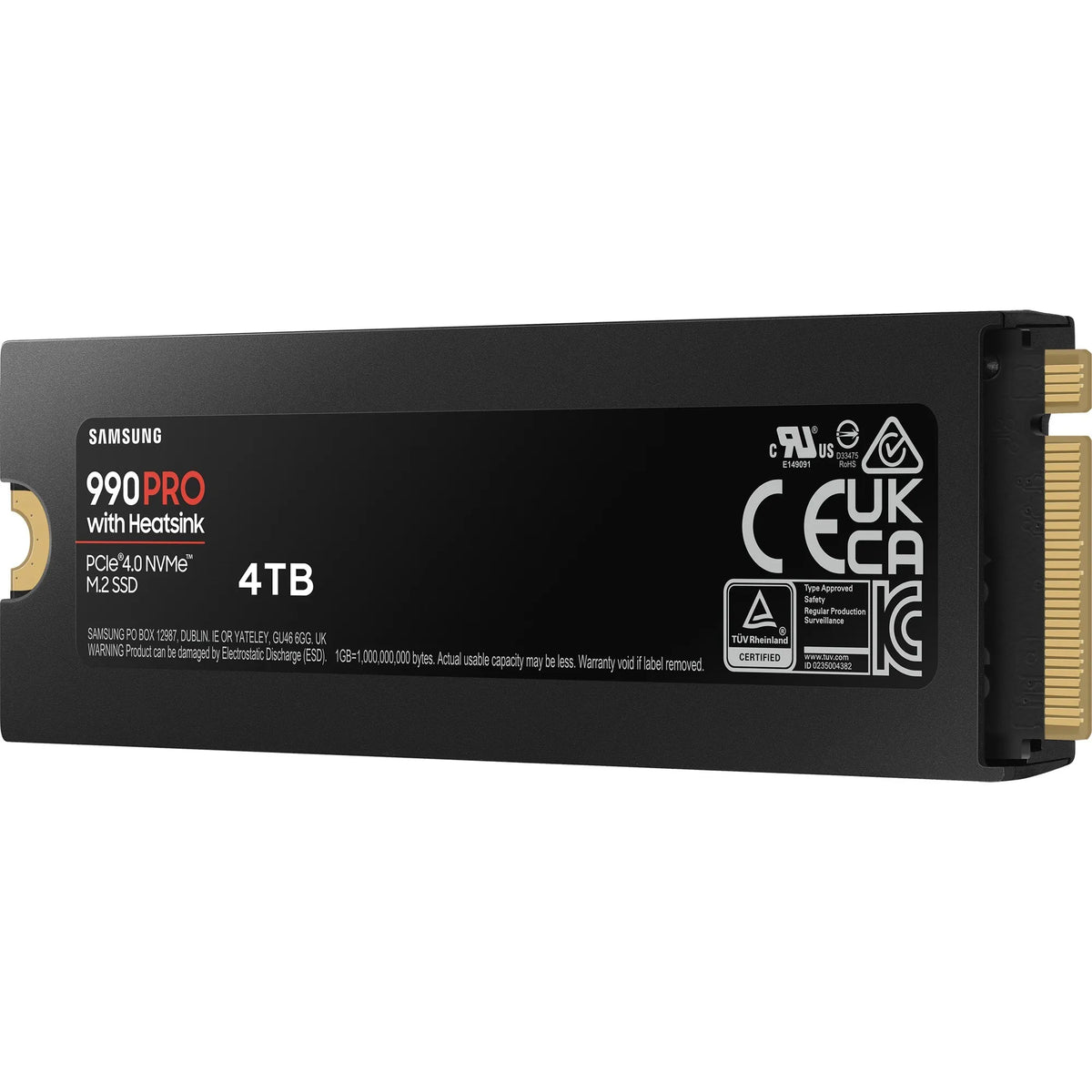 Samsung 990 PRO 4 To avec dissipateur — vue en perspective droite côté étiquette du SSD M.2 NVMe PCIe 4.0 x4 sur fond blanc carré — réf. MZ-V9P4T0CW