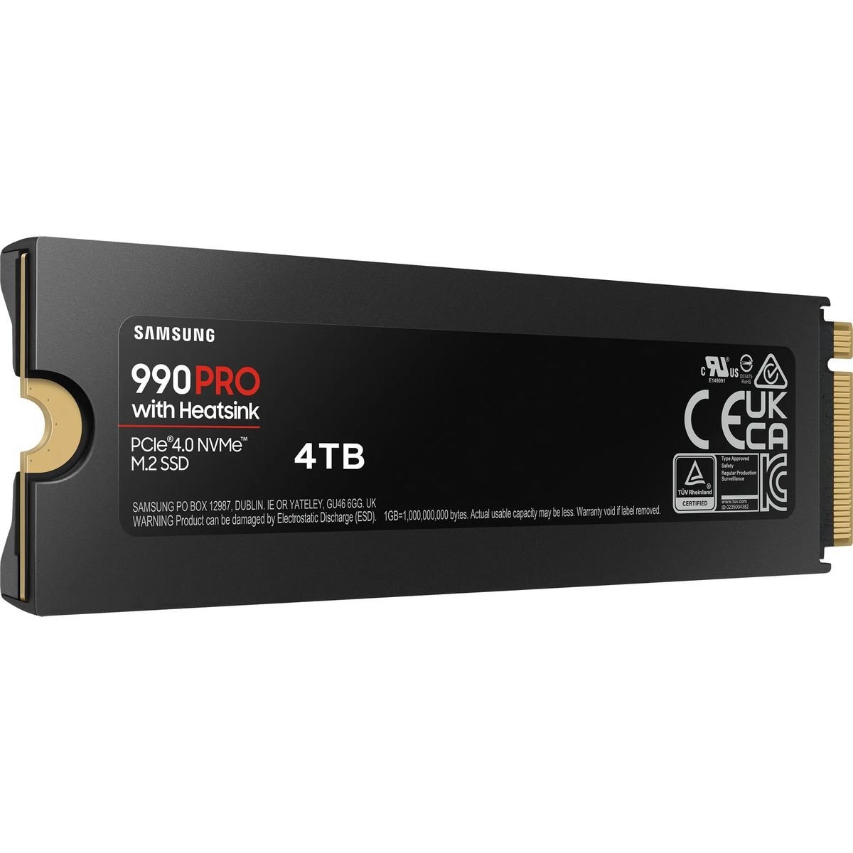 Samsung 990 PRO 4 To avec dissipateur — vue en perspective gauche côté étiquette du SSD M.2 NVMe PCIe 4.0 x4 sur fond blanc carré — réf. MZ-V9P4T0CW