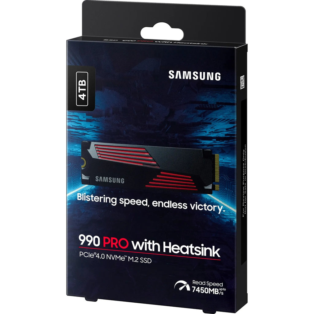 Samsung 990 PRO 4 To avec dissipateur — emballage en perspective du SSD M.2 NVMe PCIe 4.0 x4 sur fond blanc carré — réf. MZ-V9P4T0CW