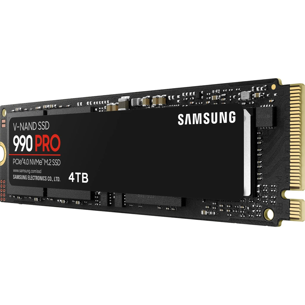 Samsung 990 PRO 4 To — vue en perspective droite du SSD M.2 NVMe PCIe 4.0 x4 sur fond blanc carré — réf. MZ-V9P4T0BW