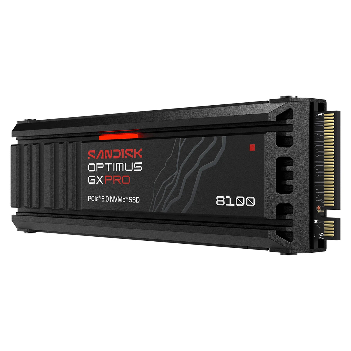 SanDisk Optimus GX PRO 8100 2 To avec dissipateur — vue côté gauche du SSD M.2 2280 sur fond blanc — réf. SDSP82200TAH-000E0