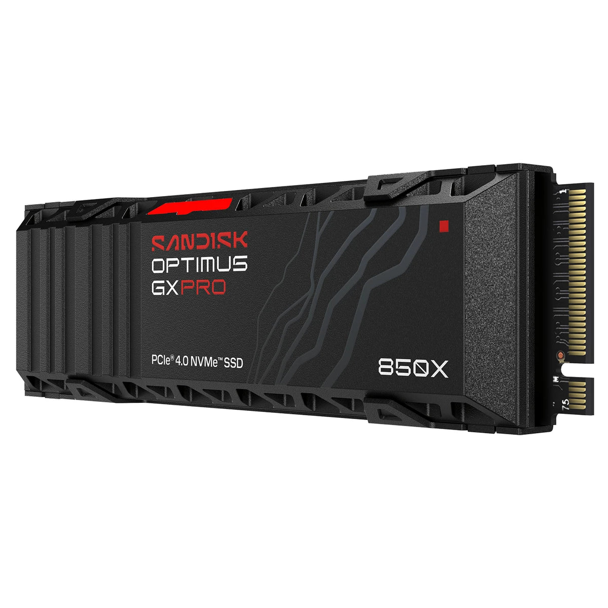 SanDisk Optimus GX PRO 850X 2 To avec dissipateur — vue côté gauche du SSD M.2 2280 sur fond blanc — réf. SDSP81200TAH-000E0