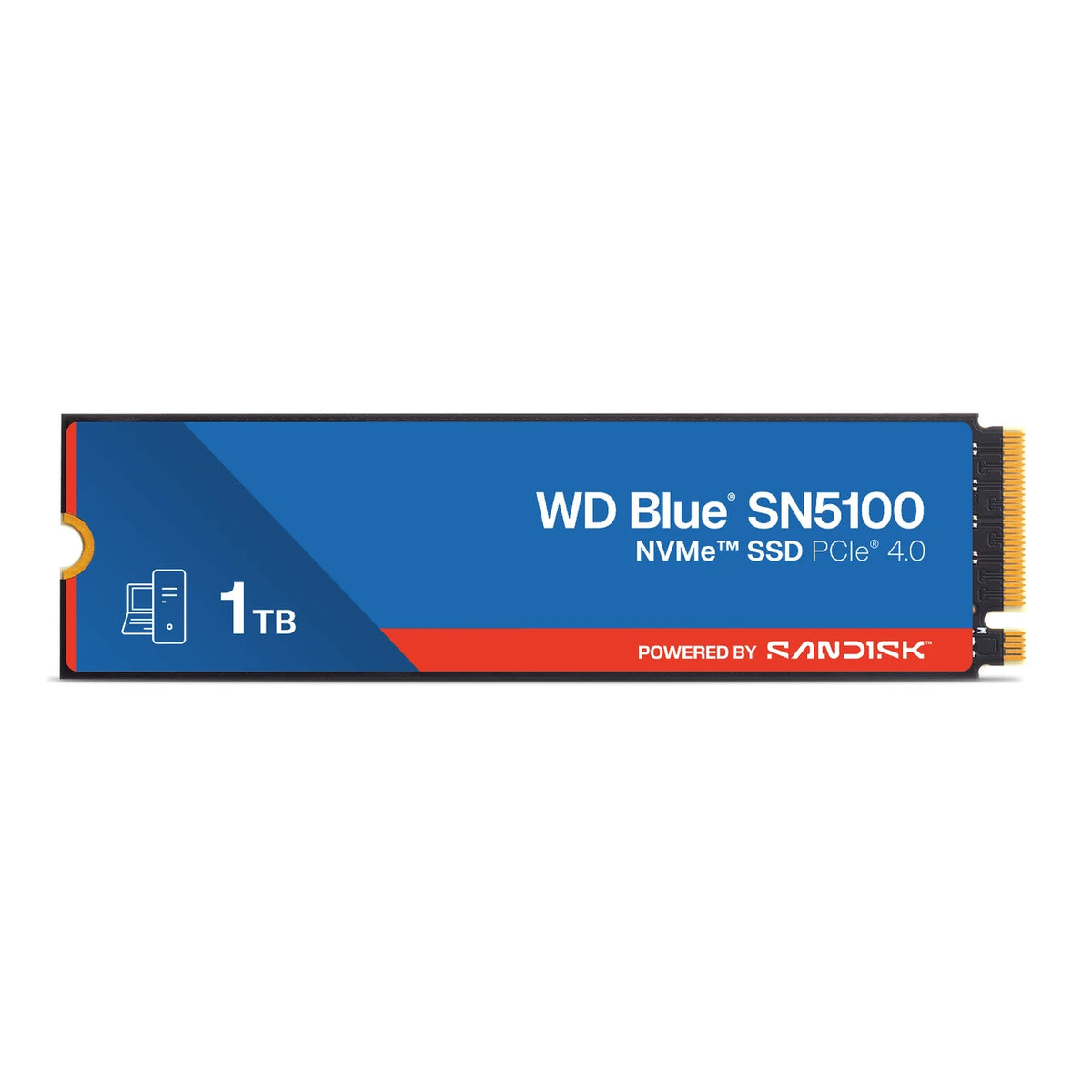WD Blue SN5100 1 To — vue de face du SSD M.2 2280 sur fond blanc — réf. WDS100T5B0E-00CPE0