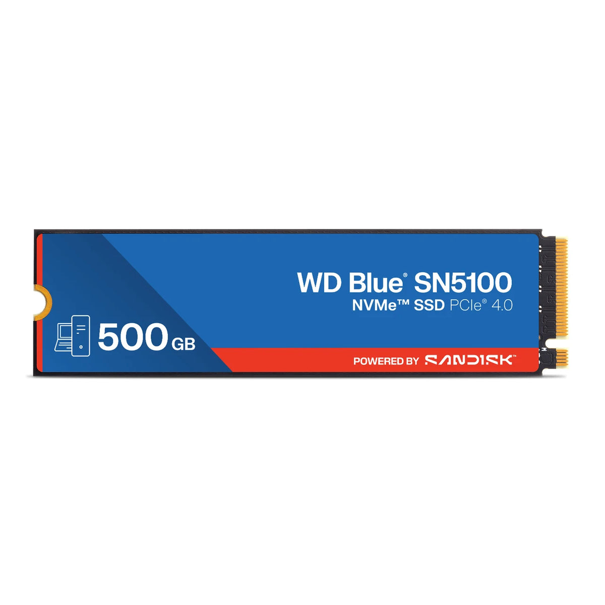 WD Blue SN5100 500 Go — vue de face du SSD M.2 2280 sur fond blanc — réf. WDS500G5B0E-00CPE0