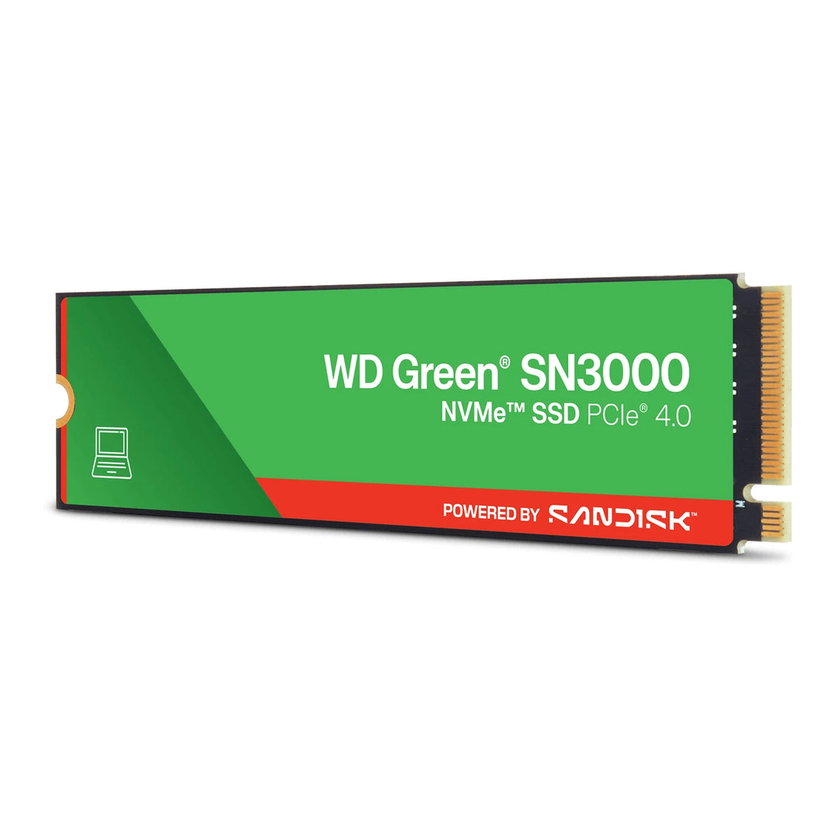 WD Green SN3000 1 To — vue côté gauche du SSD M.2 2280 sur fond blanc — réf. WDS100T4G0E-00CPS0