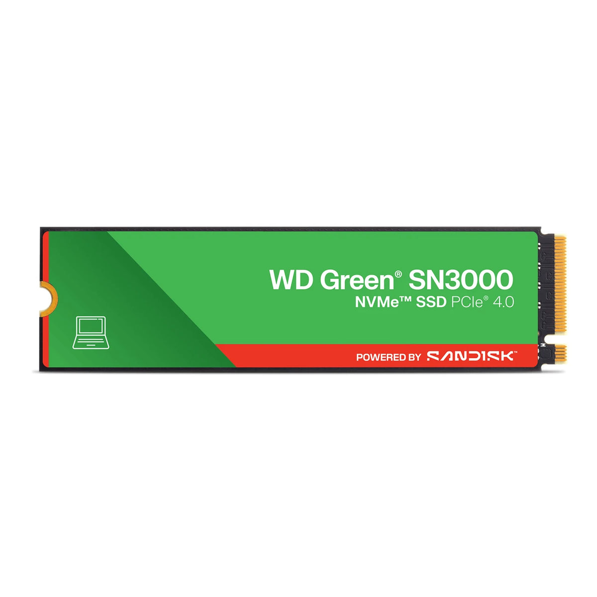 WD Green SN3000 2 To — vue de face du SSD M.2 2280 sur fond blanc — réf. WDS200T4G0E-00CPS0